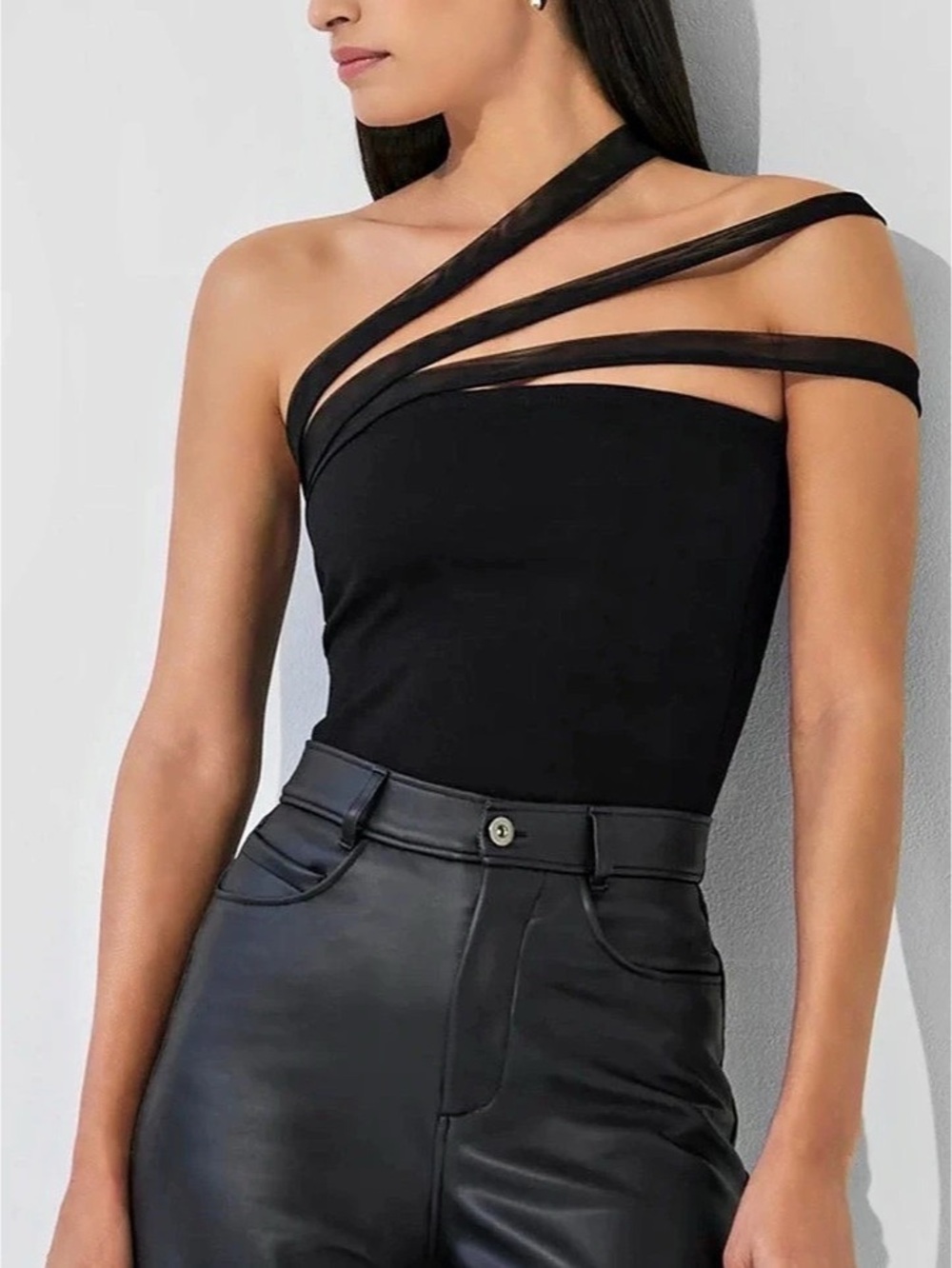 MARCELLA Black Asymmetrical Strap Bodysuit NWT
